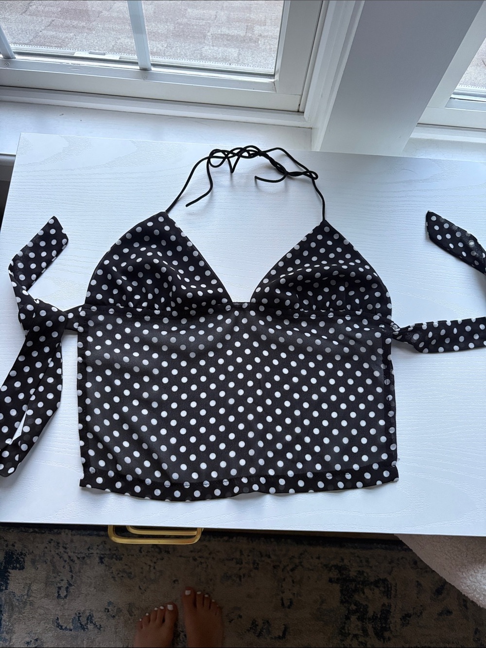 Edikted Black and White Polka Dot Halter Tie-Back Cami